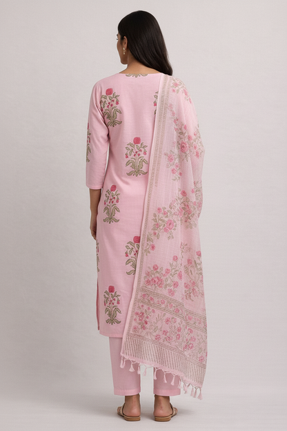 Blush Rose Hand-Block Cotton Suit Set with Kota Doria Dupatta