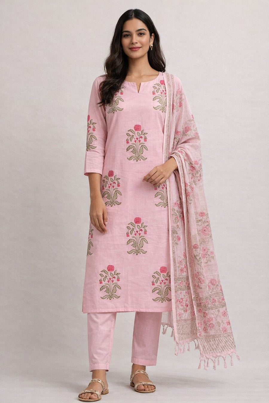 Blush Rose Hand-Block Cotton Suit Set with Kota Doria Dupatta