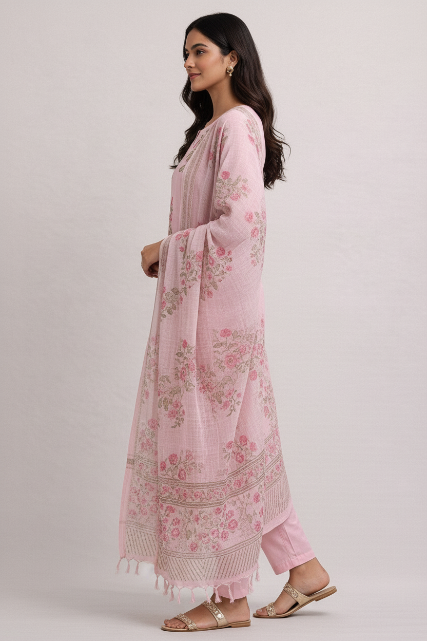 Blush Rose Hand-Block Cotton Suit Set with Kota Doria Dupatta