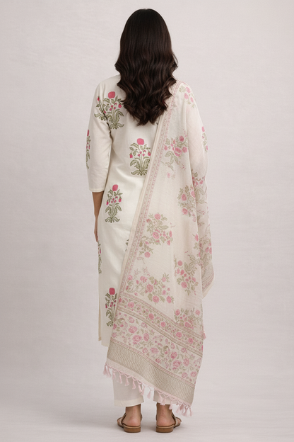 Meadow Bloom Hand-Block Cotton Suit Set with Kota Doria Dupatta