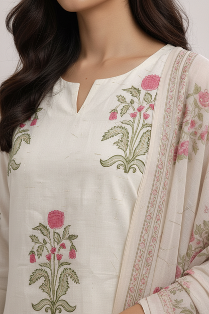 Meadow Bloom Hand-Block Cotton Suit Set with Kota Doria Dupatta