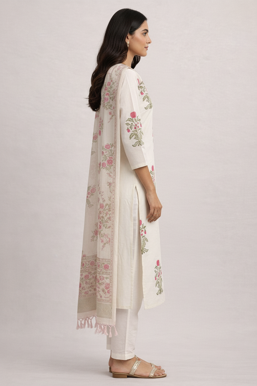 Meadow Bloom Hand-Block Cotton Suit Set with Kota Doria Dupatta