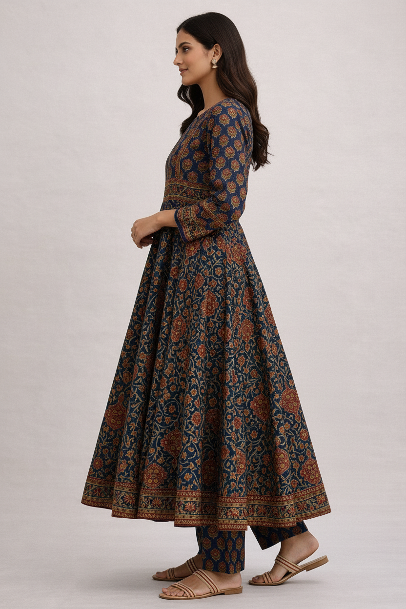 Indigo Heritage Hand-Block Anarkali Set