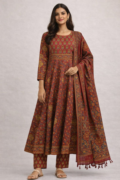 Maroon Floral Print Cotton Anarkali Suit Set
