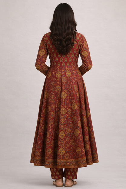 Maroon Floral Print Cotton Anarkali Suit Set