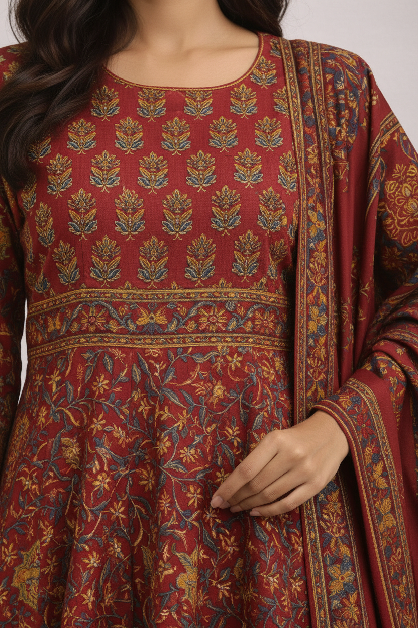 Maroon Floral Print Cotton Anarkali Suit Set