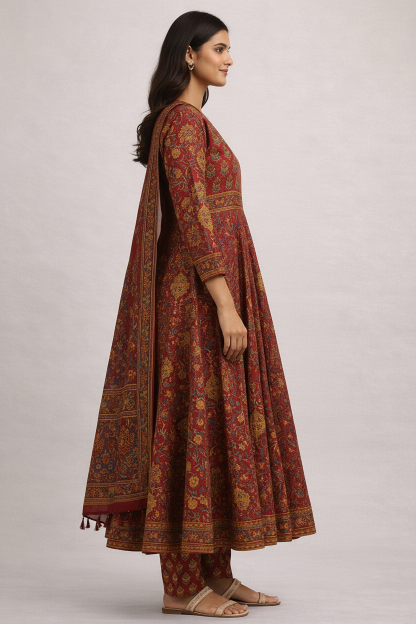 Maroon Floral Print Cotton Anarkali Suit Set