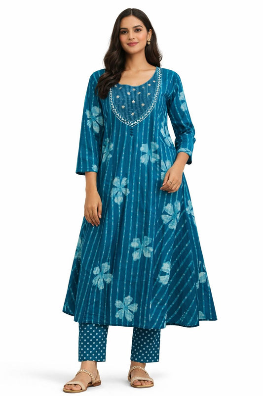 Artisanal Indigo Batik Striped Floral Cotton Kurta Set
