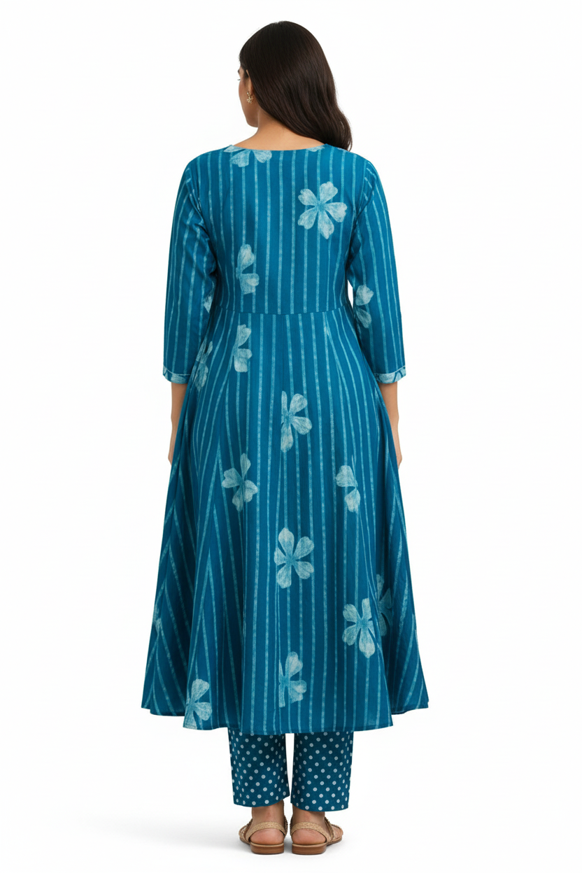 Artisanal Indigo Batik Striped Floral Cotton Kurta Set