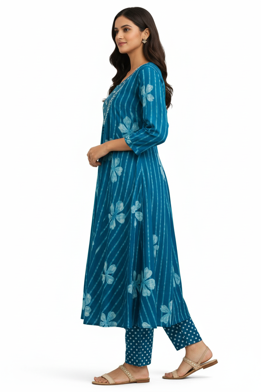 Artisanal Indigo Batik Striped Floral Cotton Kurta Set