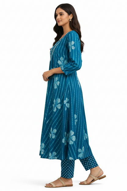 Artisanal Indigo Batik Striped Floral Cotton Kurta Set