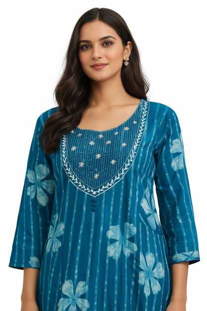 Artisanal Indigo Batik Striped Floral Cotton Kurta Set