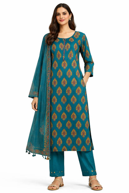 Teal Printed Cotton Straight Kurta Set with Dupatta