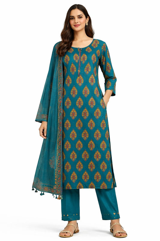 Teal Printed Cotton Straight Kurta Set with Dupatta