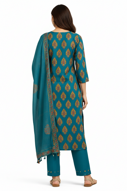 Teal Printed Cotton Straight Kurta Set with Dupatta