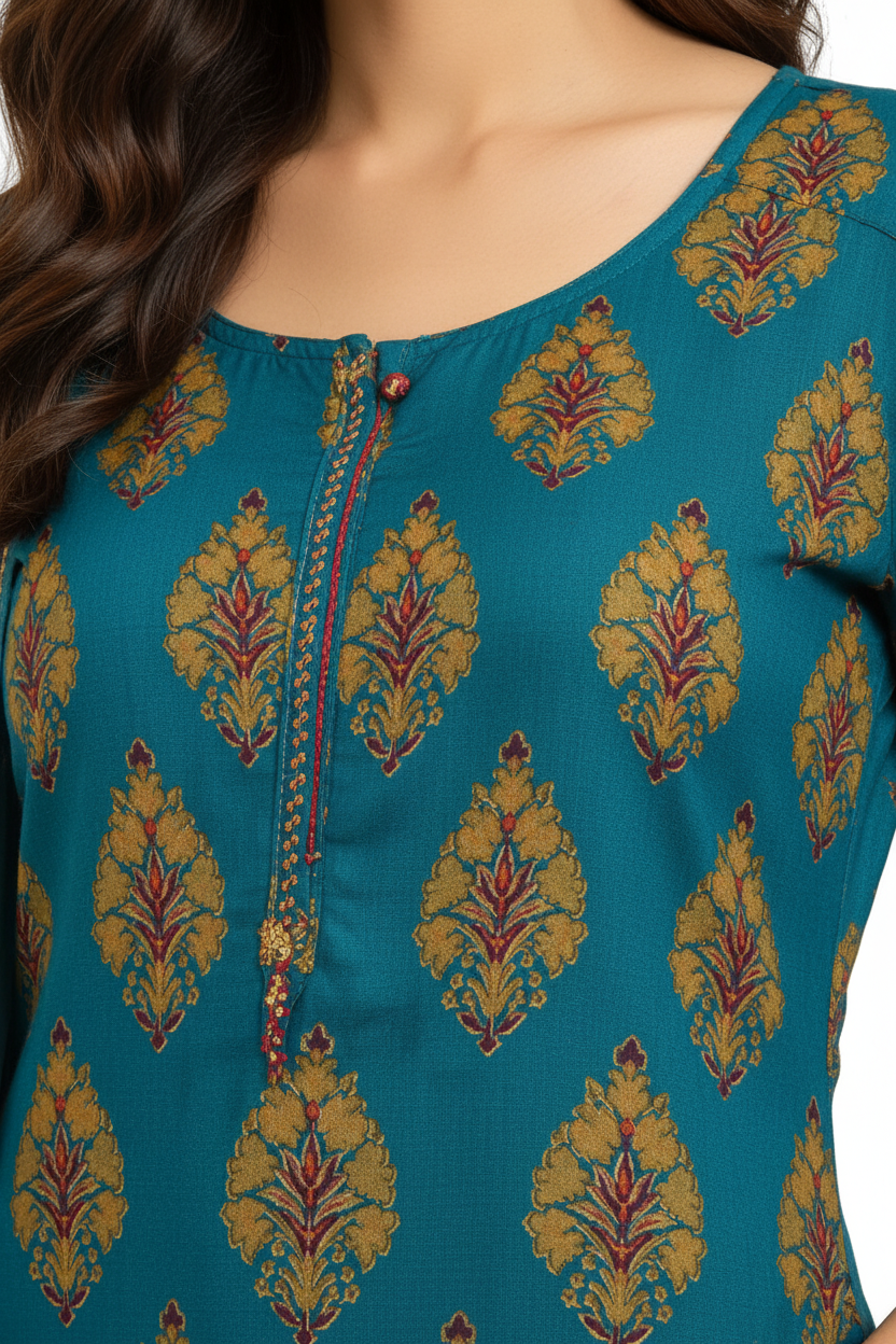 Teal Printed Cotton Straight Kurta Set with Dupatta