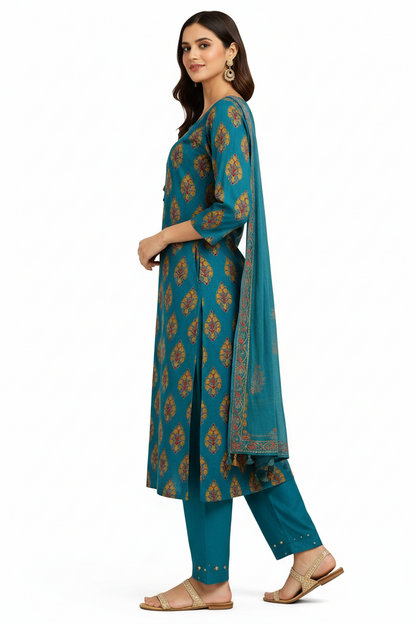 Teal Printed Cotton Straight Kurta Set with Dupatta