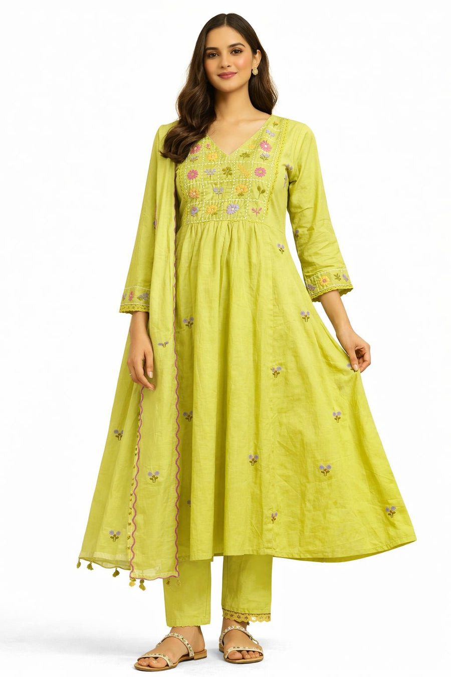 Lime Green Hand-Embroidered A-Line Kurta Set with Pant & Dupatta