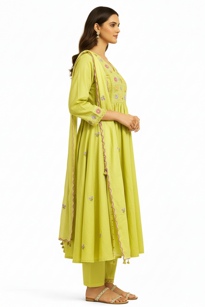 Lime Green Hand-Embroidered A-Line Kurta Set with Pant & Dupatta