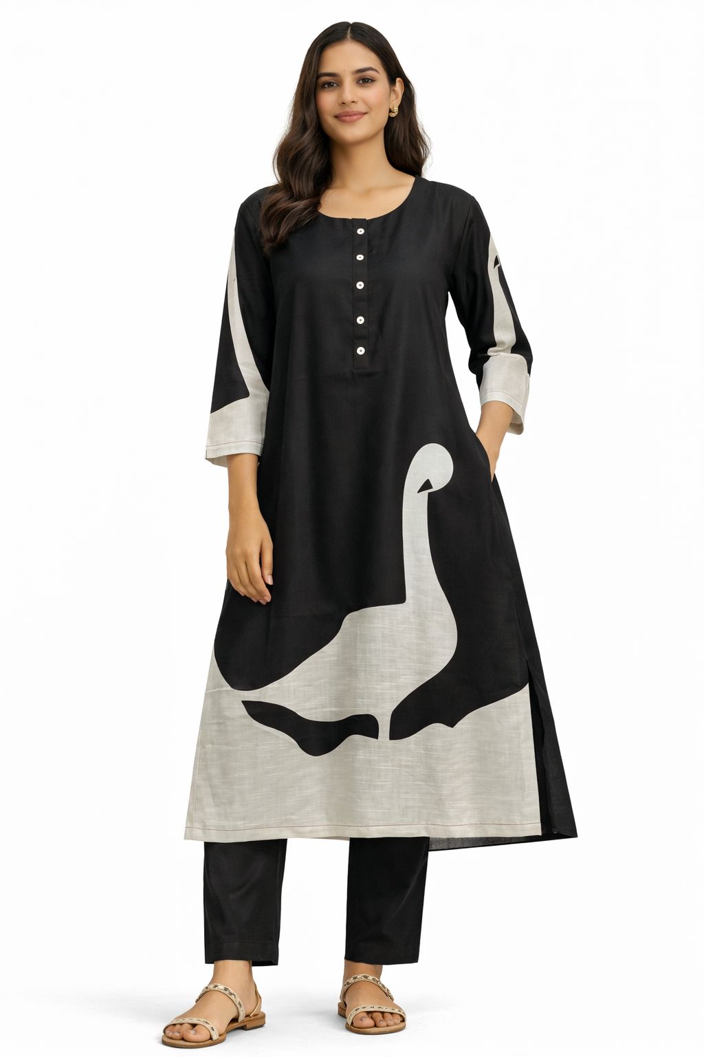 Black & White Linen A-Line Kurta Set with Modern Swan Print