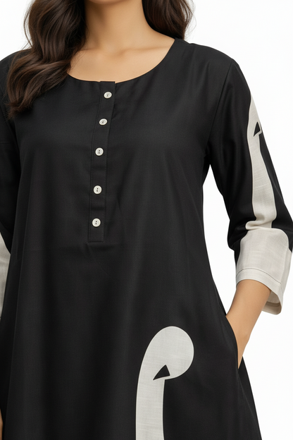 Black & White Linen A-Line Kurta Set with Modern Swan Print