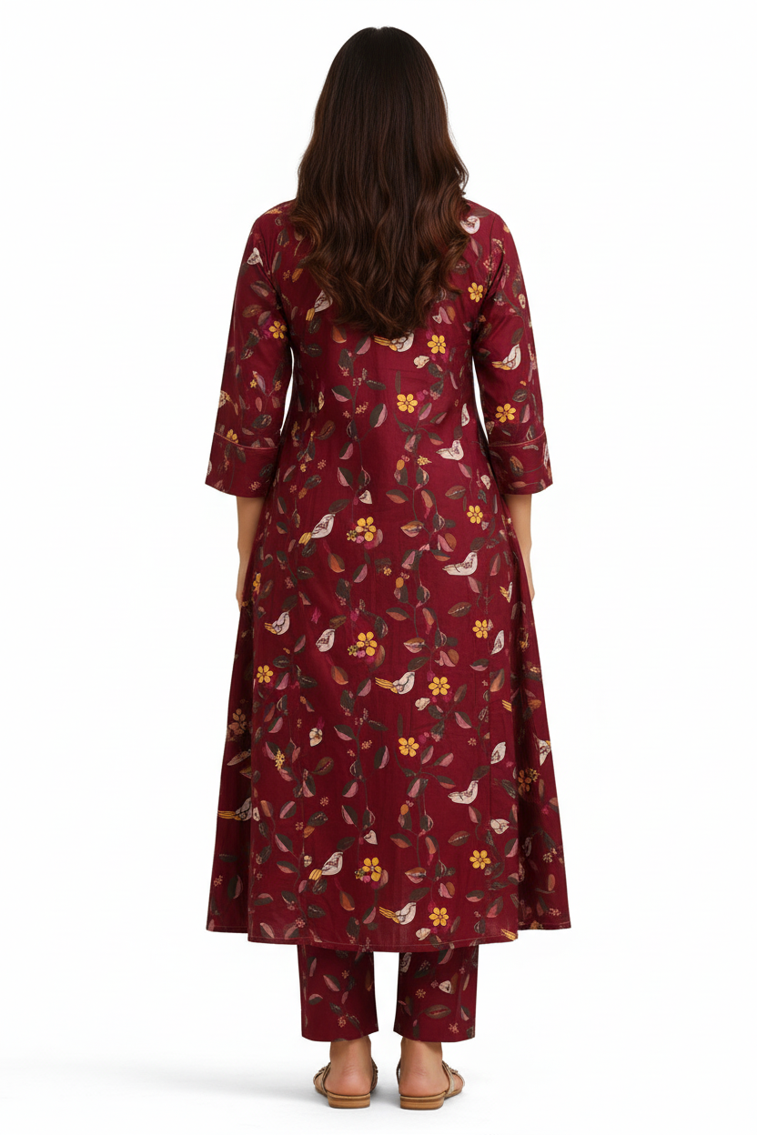 Maroon Printed A-Line Kurta Set with Pants – Floral & Bird Motif Design