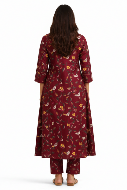 Maroon Printed A-Line Kurta Set with Pants – Floral & Bird Motif Design