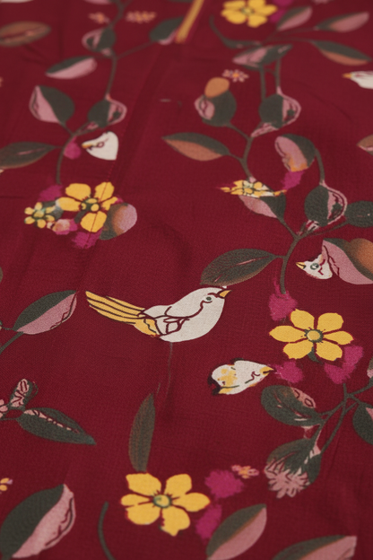 Maroon Printed A-Line Kurta Set with Pants – Floral & Bird Motif Design