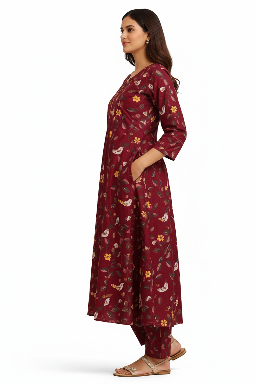 Maroon Printed A-Line Kurta Set with Pants – Floral & Bird Motif Design