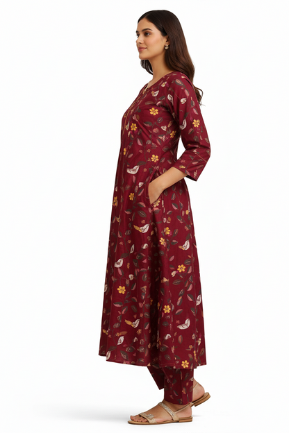 Maroon Printed A-Line Kurta Set with Pants – Floral & Bird Motif Design