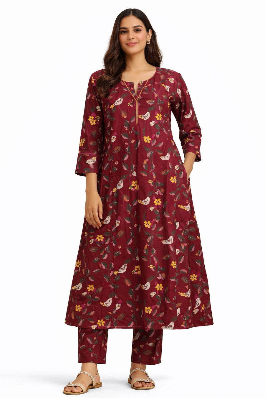 Maroon Printed A-Line Kurta Set with Pants – Floral & Bird Motif Design