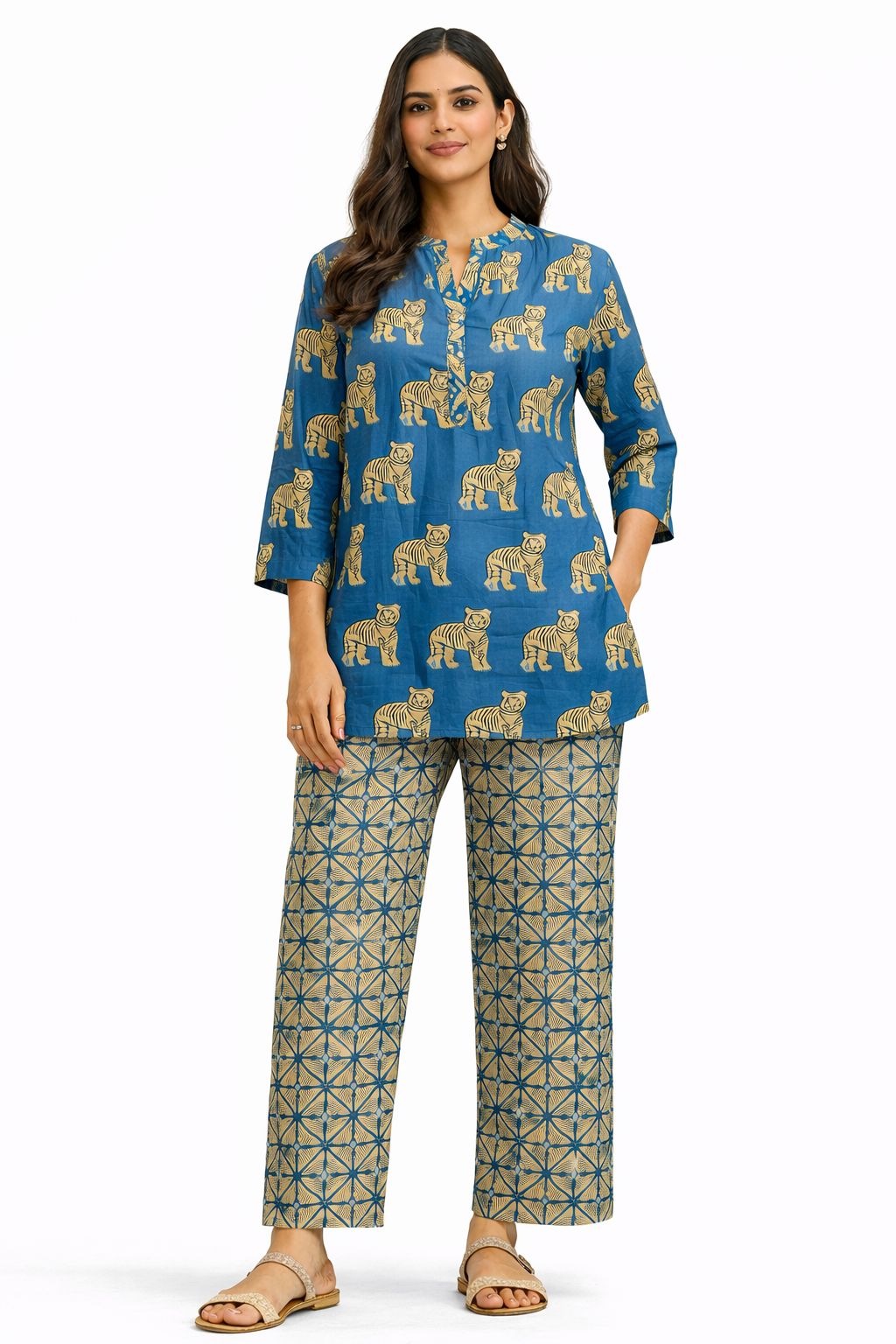 Blue Tiger Print Short Kurta with Printed Straight Pants – Cotton Co-ord Set