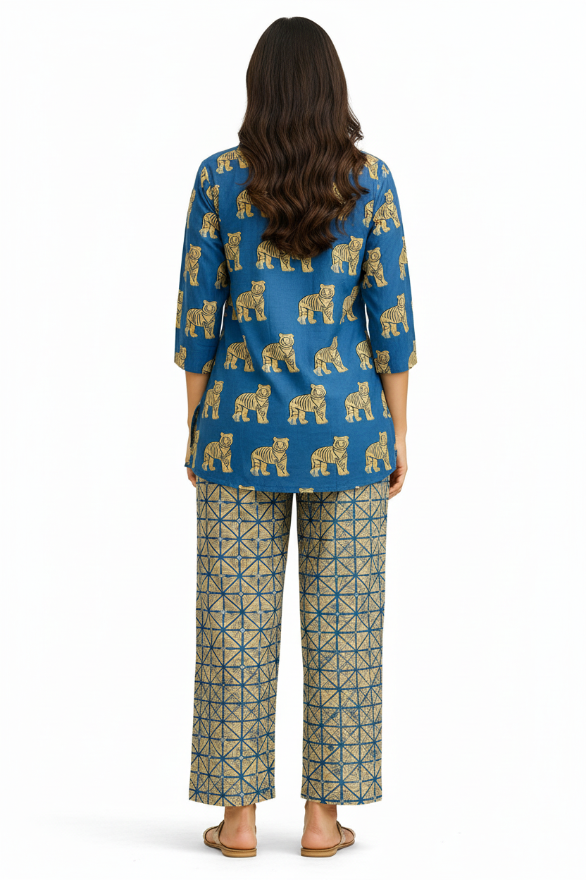Blue Tiger Print Short Kurta with Printed Straight Pants – Cotton Co-ord Set