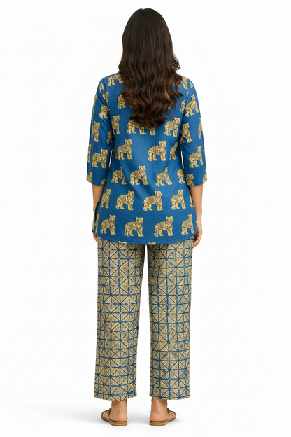 Blue Tiger Print Short Kurta with Printed Straight Pants – Cotton Co-ord Set
