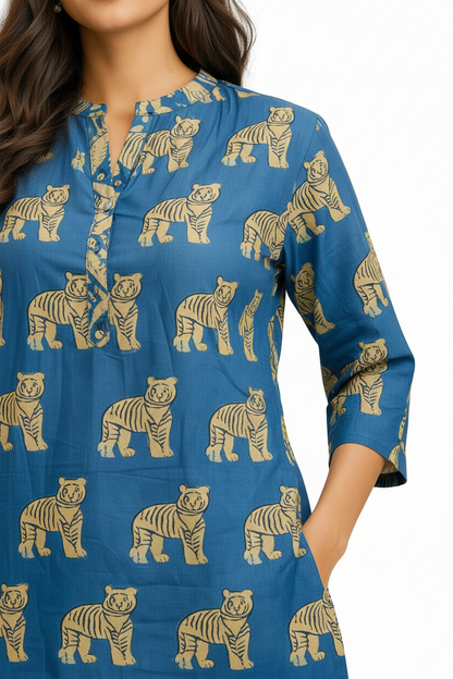 Blue Tiger Print Short Kurta with Printed Straight Pants – Cotton Co-ord Set