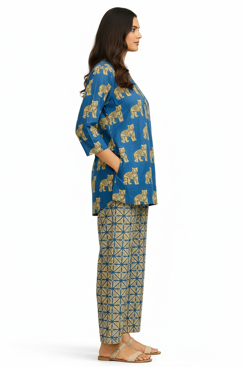 Blue Tiger Print Short Kurta with Printed Straight Pants – Cotton Co-ord Set