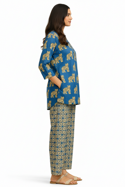 Blue Tiger Print Short Kurta with Printed Straight Pants – Cotton Co-ord Set