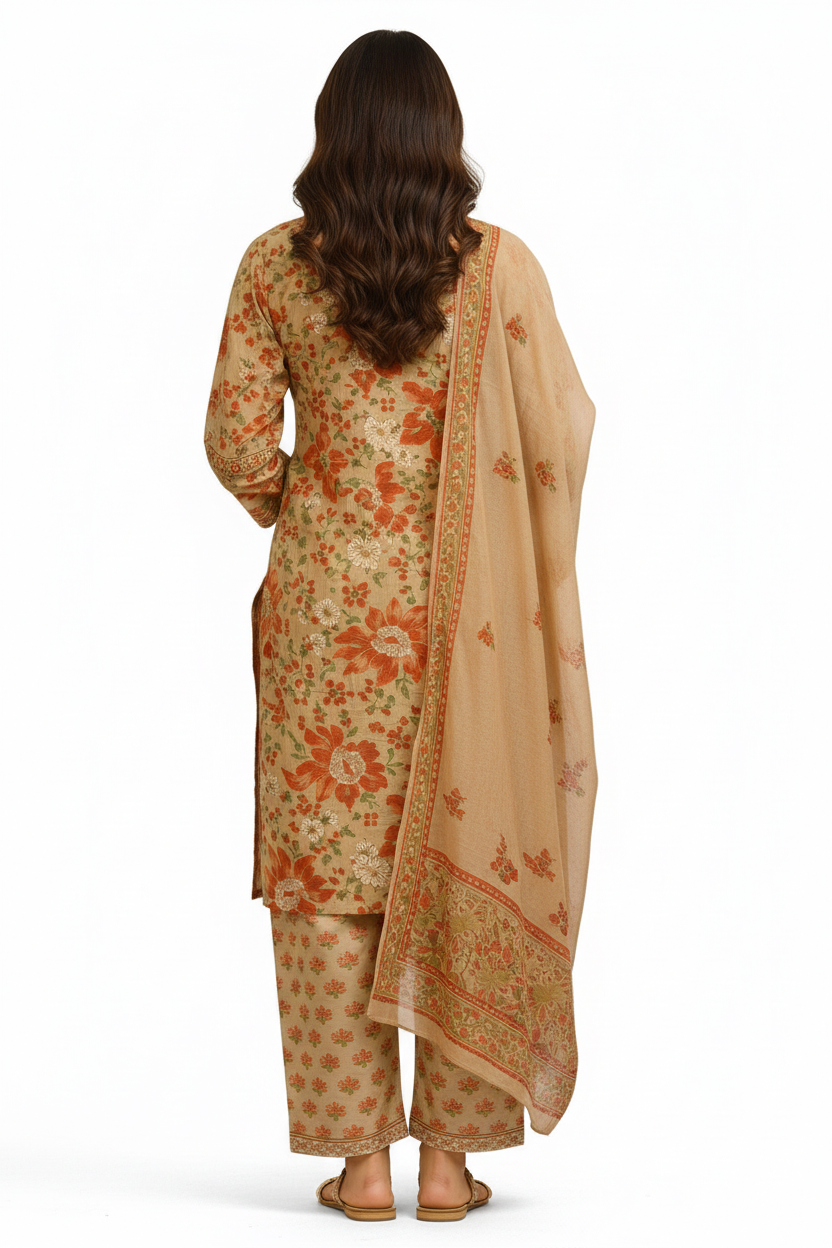 Beige Floral Printed Straight Kurta Set with Pants & Dupatta