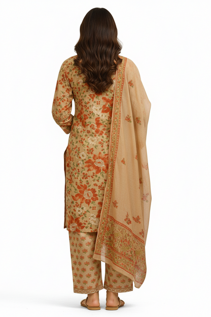 Beige Floral Printed Straight Kurta Set with Pants & Dupatta