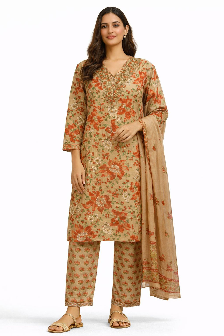 Beige Floral Printed Straight Kurta Set with Pants & Dupatta