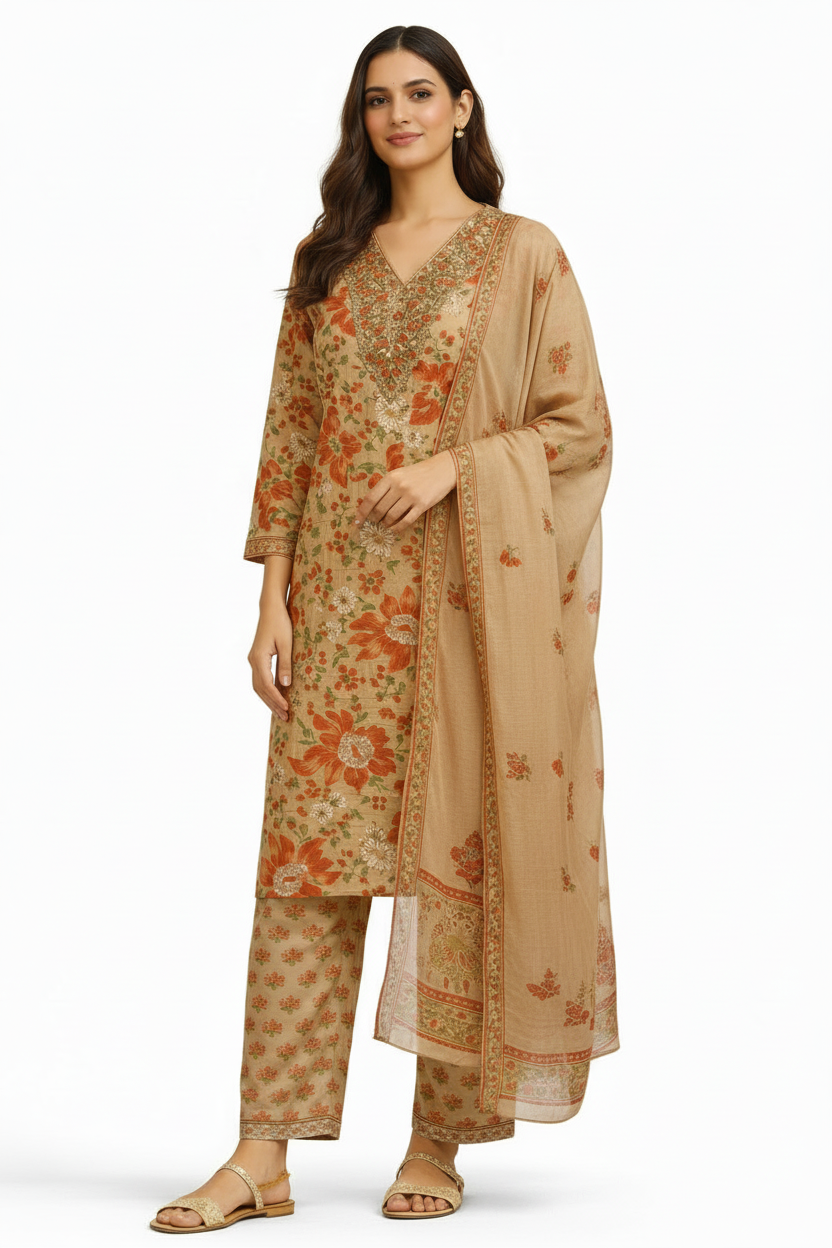 Beige Floral Printed Straight Kurta Set with Pants & Dupatta