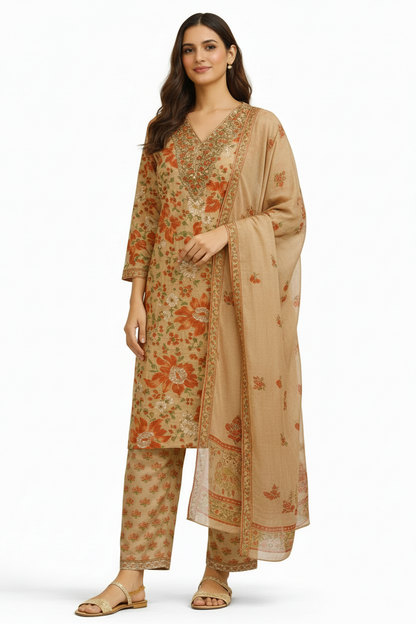 Beige Floral Printed Straight Kurta Set with Pants & Dupatta