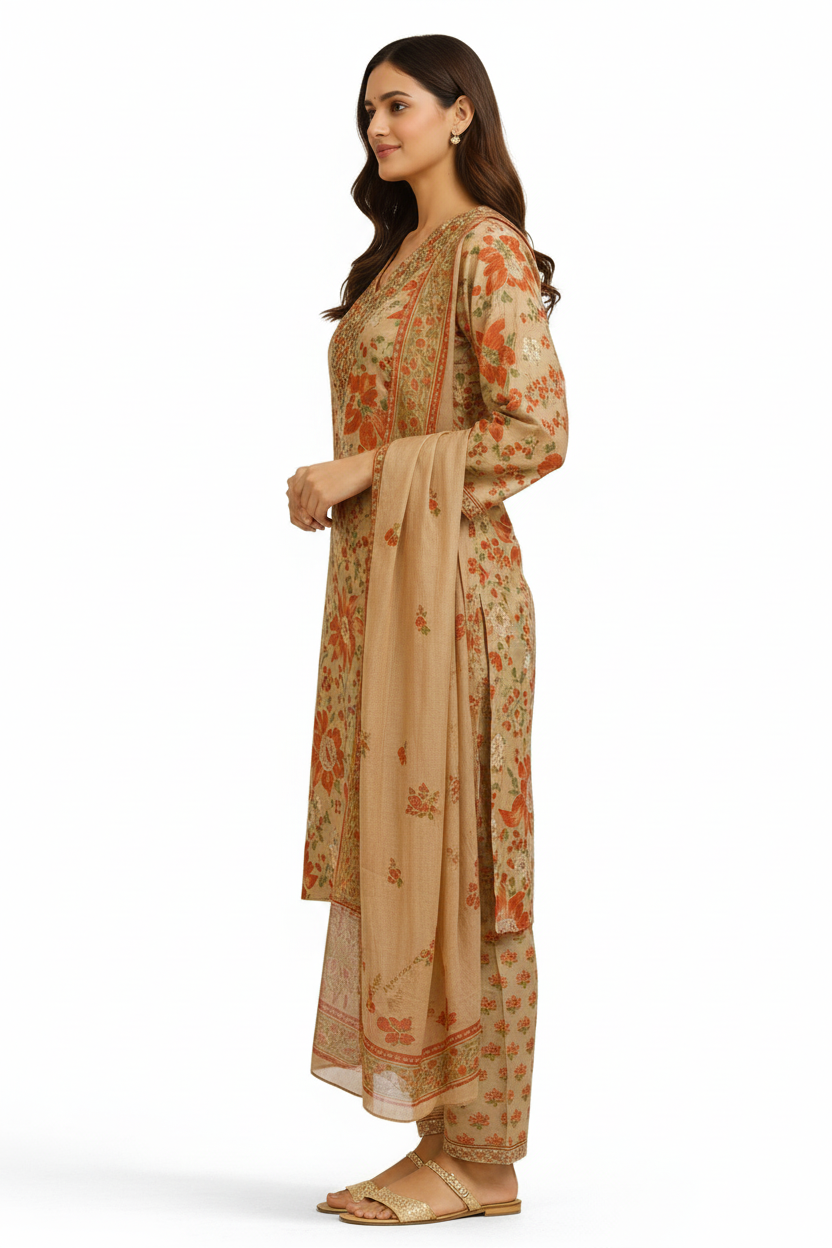 Beige Floral Printed Straight Kurta Set with Pants & Dupatta