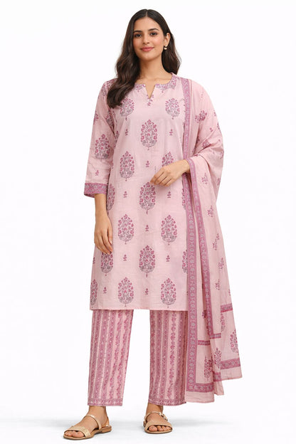 Pink Printed Straight Kurta Set with Pants & Dupatta – Cotton Suit Set