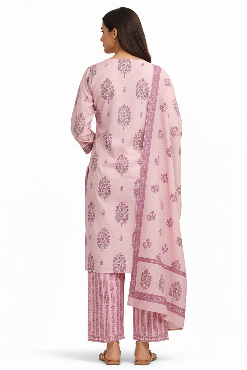 Pink Printed Straight Kurta Set with Pants & Dupatta – Cotton Suit Set