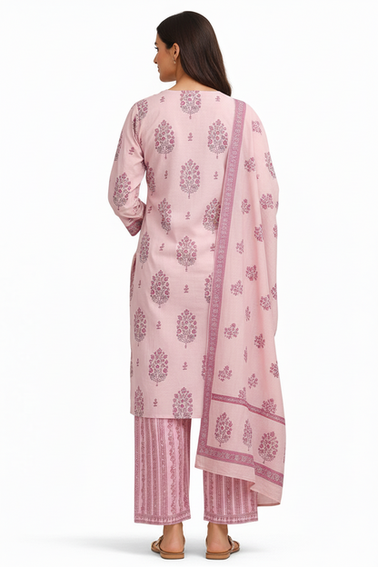 Pink Printed Straight Kurta Set with Pants & Dupatta – Cotton Suit Set