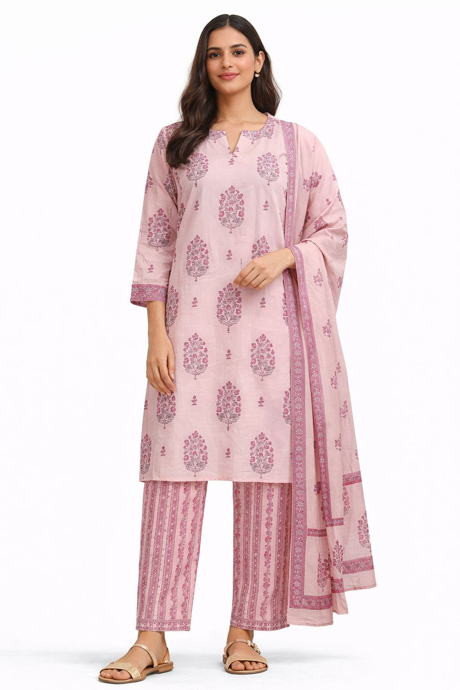 Pink Printed Straight Kurta Set with Pants & Dupatta – Cotton Suit Set