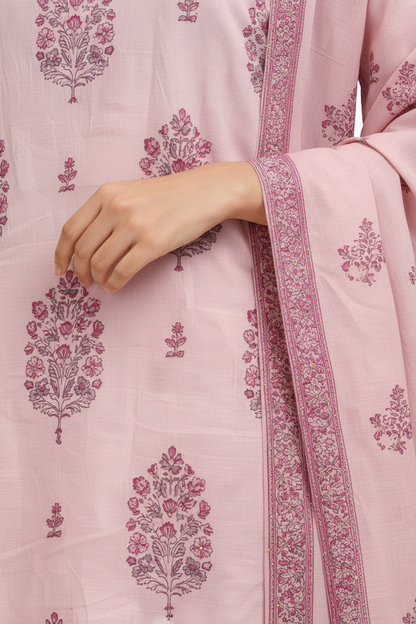 Pink Printed Straight Kurta Set with Pants & Dupatta – Cotton Suit Set