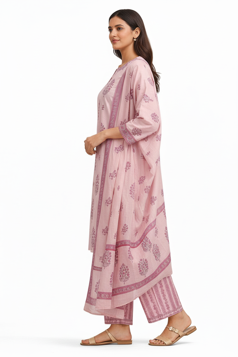 Pink Printed Straight Kurta Set with Pants & Dupatta – Cotton Suit Set