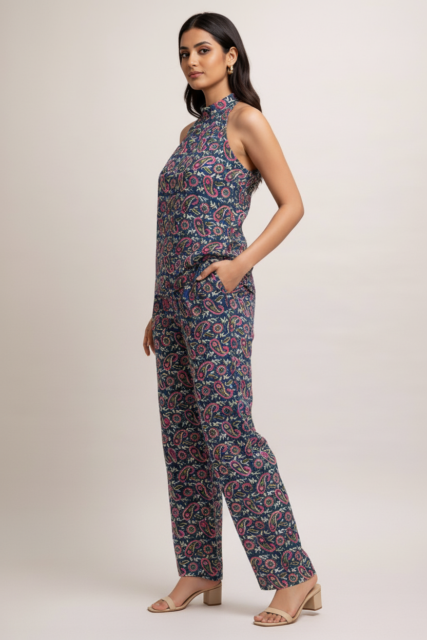 Women’s Cotton Kalamkari Hand Block Printed Co-Ord Set – Sleeveless Halter Neck Top & Straight Pants Outfit
